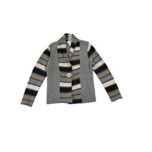 Talbots Petites Grey Wool Angora Open Front Striped Lapel Cardigan Sweater - LNC